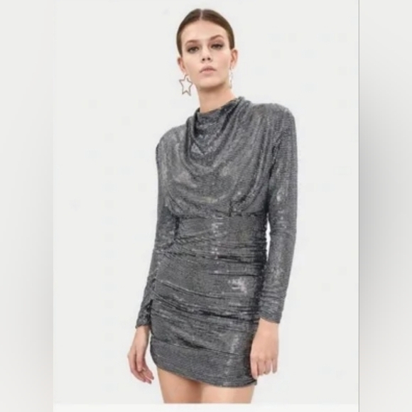 Bershka Womens Special Edition Sequin Black Silver Dress Long Sleeve Stretch S - Picture 1 of 16